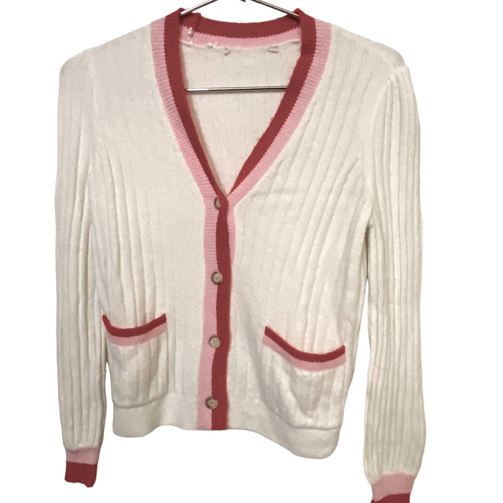 Retro Soft Pink & White Botton Down Cardigan Pocket Sweater Women’s S